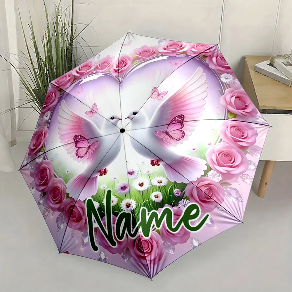 Custom Name Umbrella Romantic Doves and Roses Umbrella Design Print 8 Iron Ribs Folding Umbrella Auto-Open Fashion Sunshade