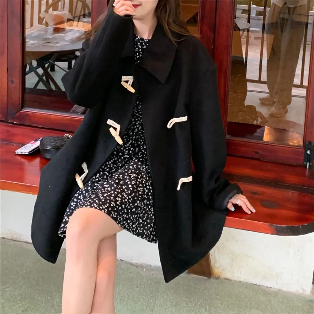 

Women's Korean Style Loose Woolen Coat Autumn Winter Mid-Length Black Horn Buckle Design Temperament Outerwear