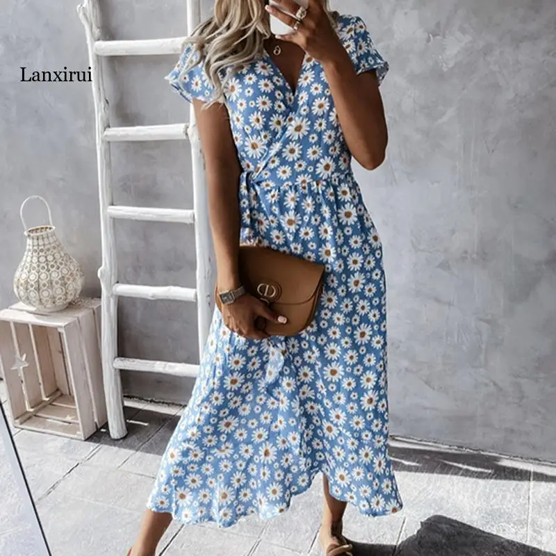

Summer Daisy Print Sexy Slim Party Dress Women Fashion Lace-Up Short Sleeve Dress New Casual Neck Long Dress