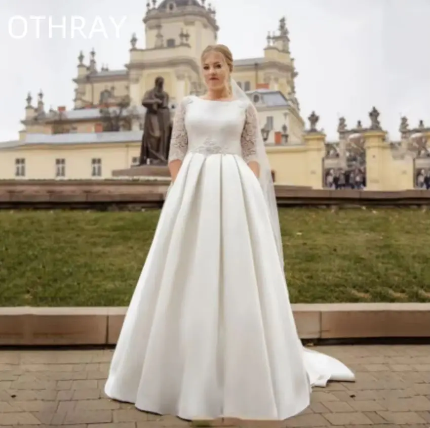 Plus size jóia pescoço meia mangas vestido de noiva rendas contas até o chão a linha cetim vestido de novia vestidos de casamento clássicos