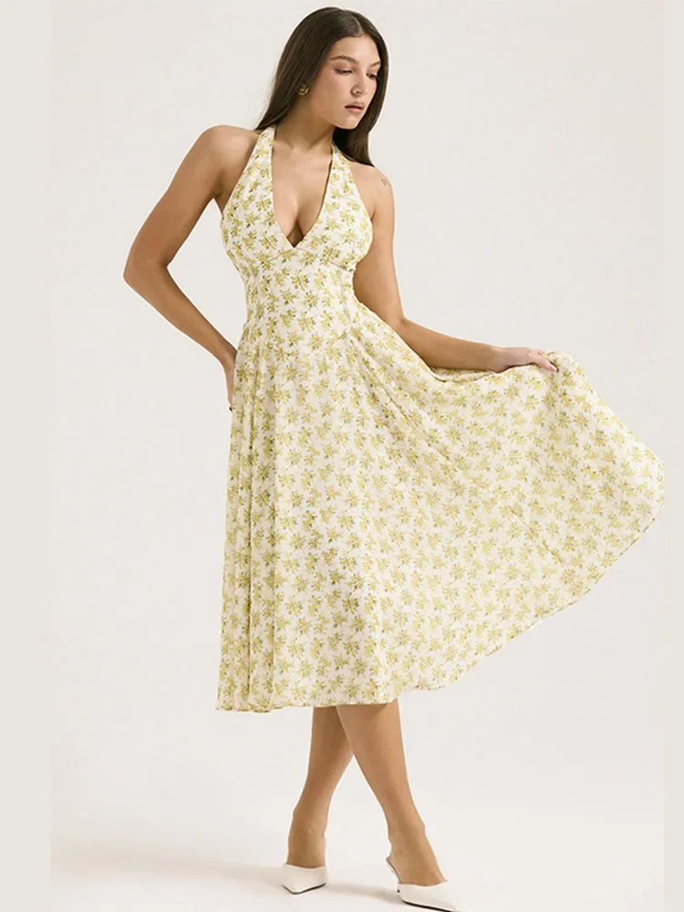 ลึก V Halter ดอกไม้พิมพ์เซ็กซี่ A-Line ชุดผู้หญิงชุดราตรียาวชุด Backless Bodycon ฤดูร้อนชุด Vestidos