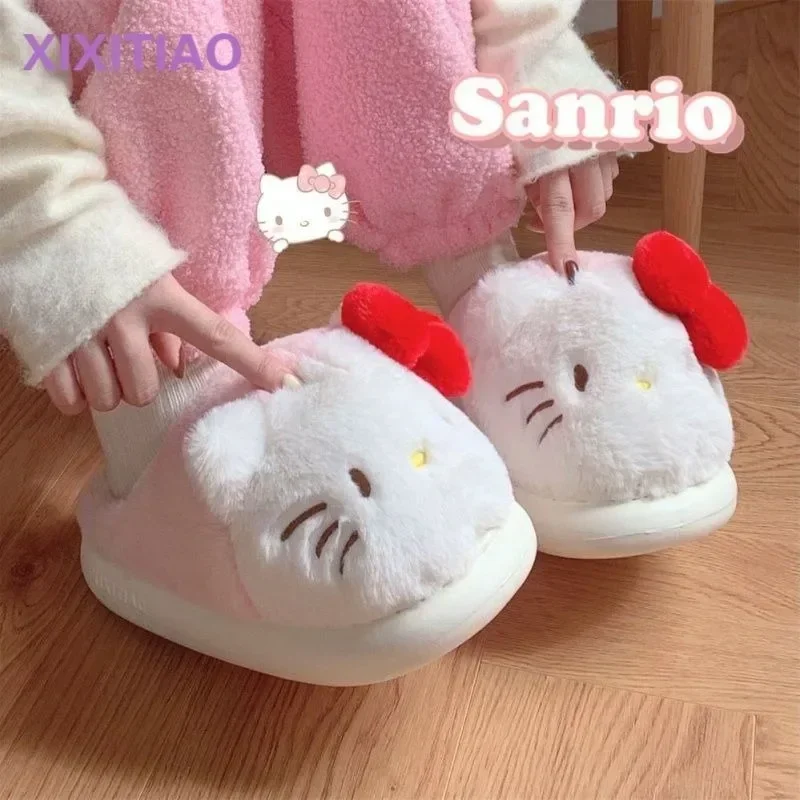 Sanrioed Hellokittys Kuromi My Melody Girl Sweet Warm Plush Slippers Kawaii Thickened Anti Slip Indoor Home Shoes Gift