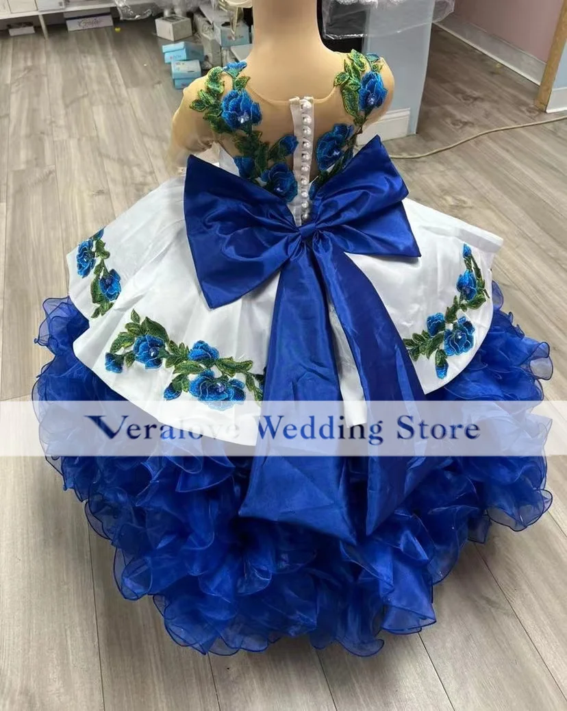 Blue Baby Ball Gown Embroidery Children Princess Dress Removable Train Mini Pageant Birthday Party Dress Girl Flower Gowns