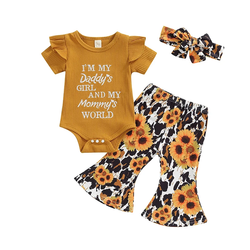 

Baby Girls Romper Outfit Sweet Style Letter Fly Sleeve Round Collar Jumpsuit Leopard Print Bell-bottomed Pants Headwear