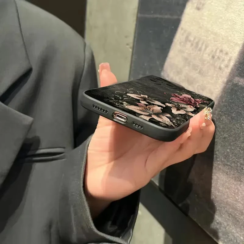 Flower Vintage Floral Black Background Shockproof Phone Case For iPhone 11 12 13 14 15 16 Pro Max XS X XR 7 8 Plus 16e 16 Cover - náhled 6