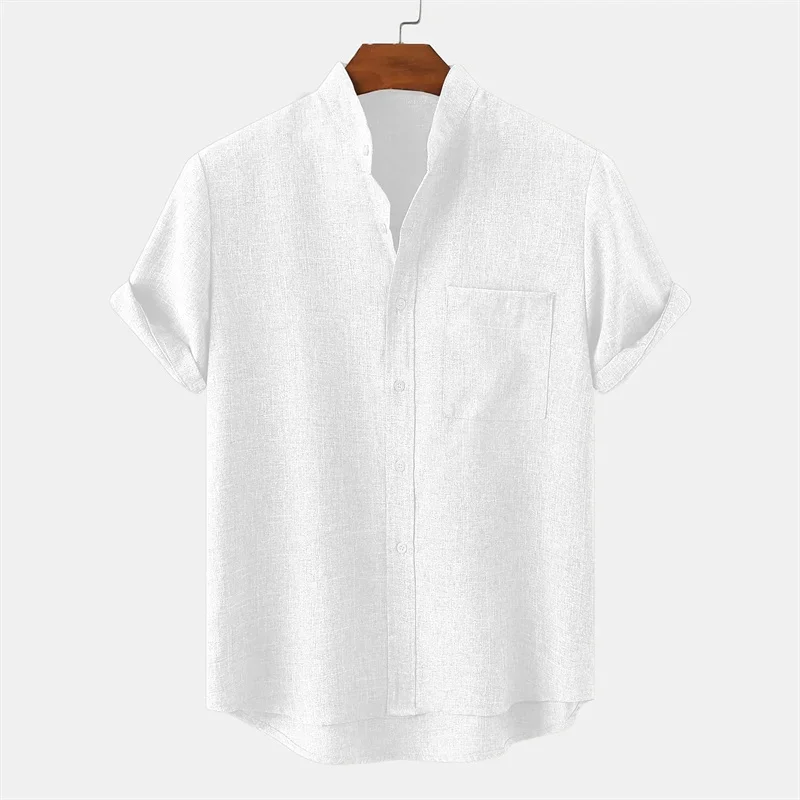 Men's Linen Shirt Stand Collar Shirt Casual Shirt Solid Color Hawaiian Holiday Black White Yellow Pink Clothing Front Pocket