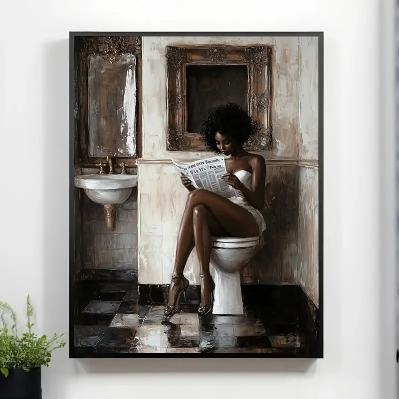 

Retro Black African Women's Bathroom Wall Art Retro Simple Fashionable Poster Canvas Painting, Dormitory Modern Home Decoration