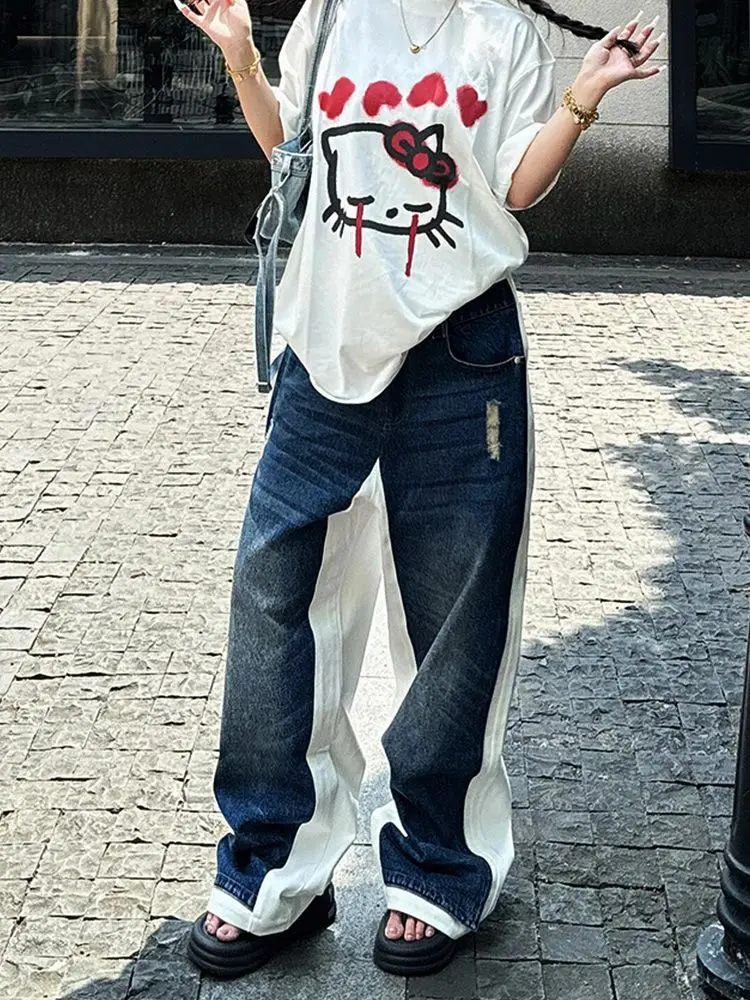 여성 빈티지 Y2k 배기 진 2025 가을 화이트 블루 패치워크 하라주쿠 데님 바지 일본 2000년대 그런지 청바지 의류