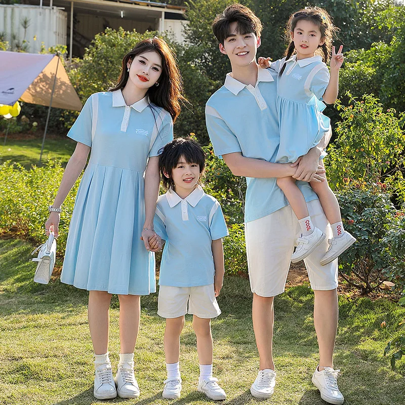 

2024 Summer Family Matching Clothes Parent-child Outfits Korean Mom and Daughter Dresses Dad and Son Polo Shirts + Shorts Sets