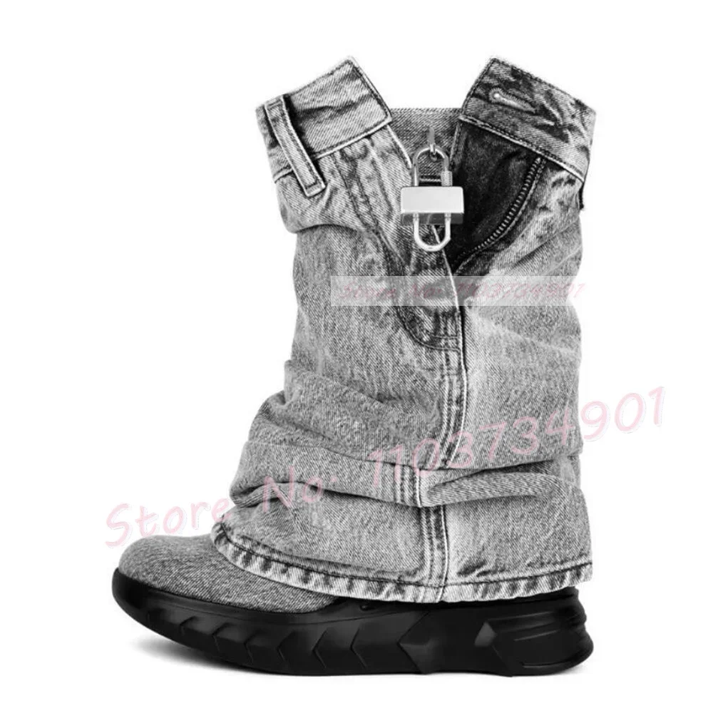 Metal Lock Denim Foldover Boots Ladies Mid Calf Round Toe Thick Sole Platform Shoes Women Zipper Nifty Trendy Large Size Boots