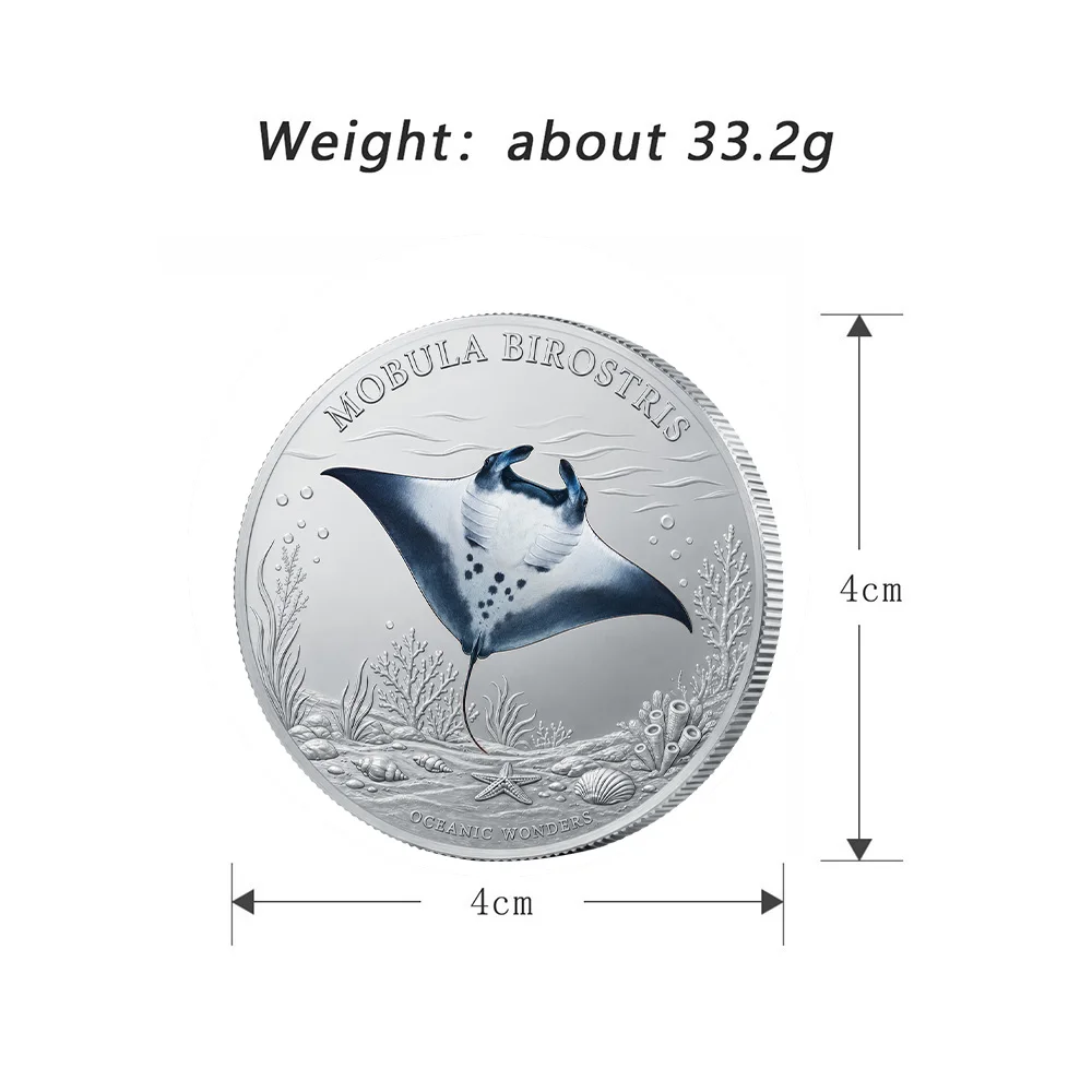 1 oz .999 Fine Copper Mobula Birostris Coin Oceanic Wonders Color Print Manta Ray Silver Tone Reeded Edge Compass Collectible