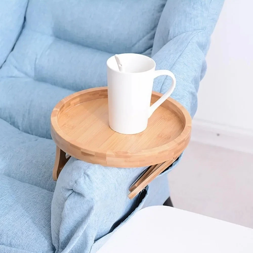Sofa-Tablett aus Naturholz – runder aufsteckbarer Beistelltisch für TV-Snacks, Fernbedienung und Kaffee – praktisches Snack-Tablett mit Armlehne, 1 Stück