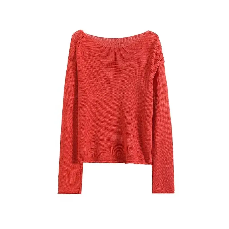 TRAF Vintage Casual Women Sweater Solid O Neck Long Sleeve Knitted Straight Sweater New Fashion 2024 Autumn Sweater