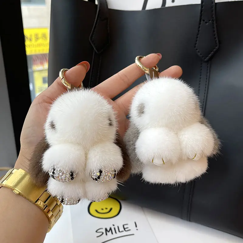 Plush Cute Bunny Real Mink Fur Keychain Toys Trinket For Women Bag Pendant Car Key Ring Ornaments Soft Pompom Rabbit Girl Gift