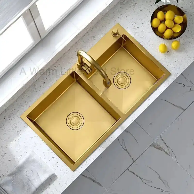 Light Luxury Kitchen Sinks Stainless Steel Home Kitchen Sink Creative Large Gold Nano Sink Handmade Double Kitchen Accessories