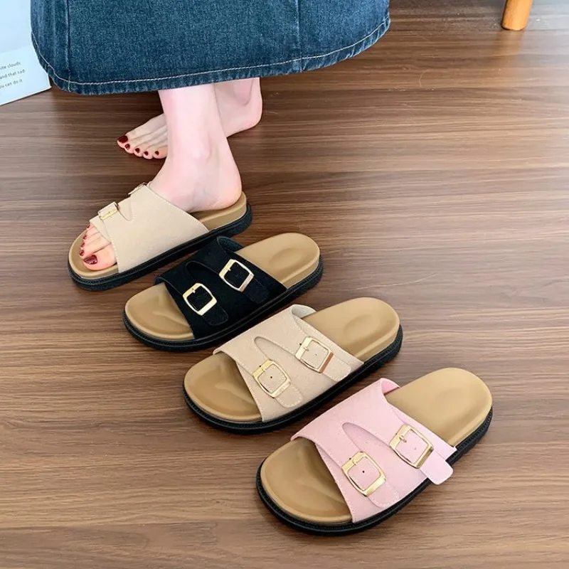 Women's Sandals Soft-soled Platform Sandals Double Buckle Roman-style Belt-buckle Slippers Popular Slip-on Flat Slippers
