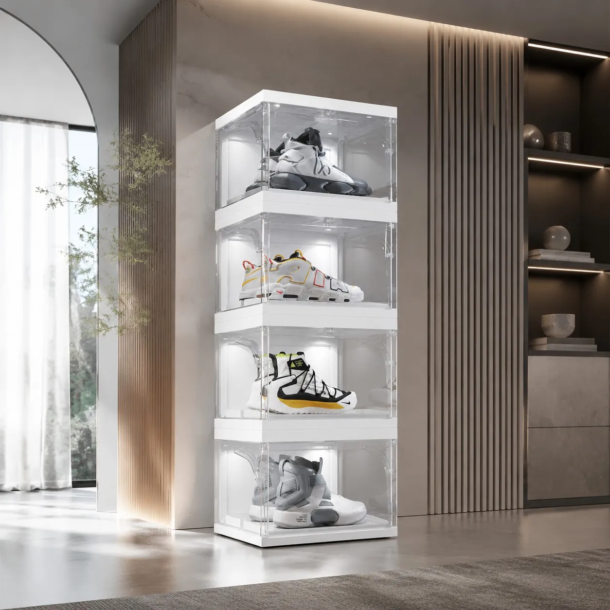 Shoe Organizer LED Smart Control,Auto-Shoe Boxes Clear Plastic Stackable for Sneaker Display Case and Collection