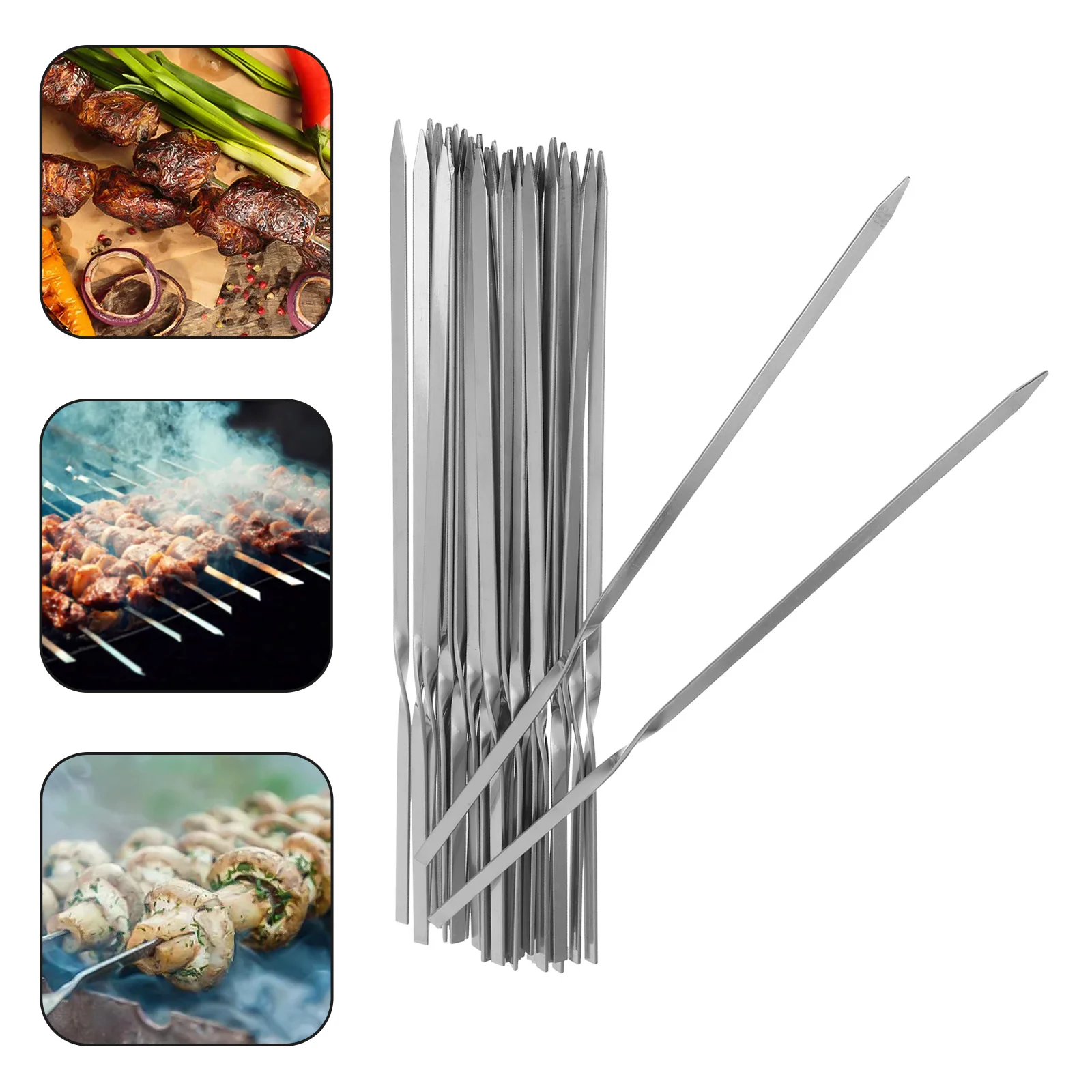 

30pcs Stainless Steel BBQ Skewers 25cm Flat Grilling Sticks Heat Resistant Non Reusable Barbecue Tool Set