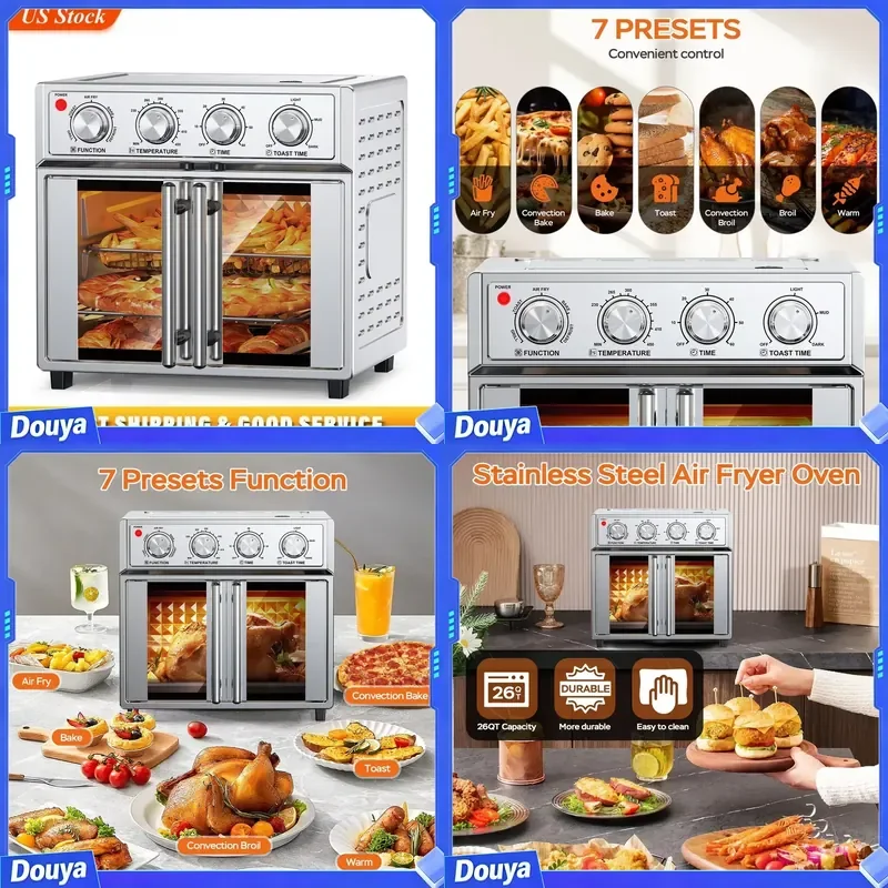 29.5 QT French Door Air Fryer Convection Toaster Oven, Extra Large 6 Slices, 1700W, Multifunction Oven for Air Fryer, Toast,