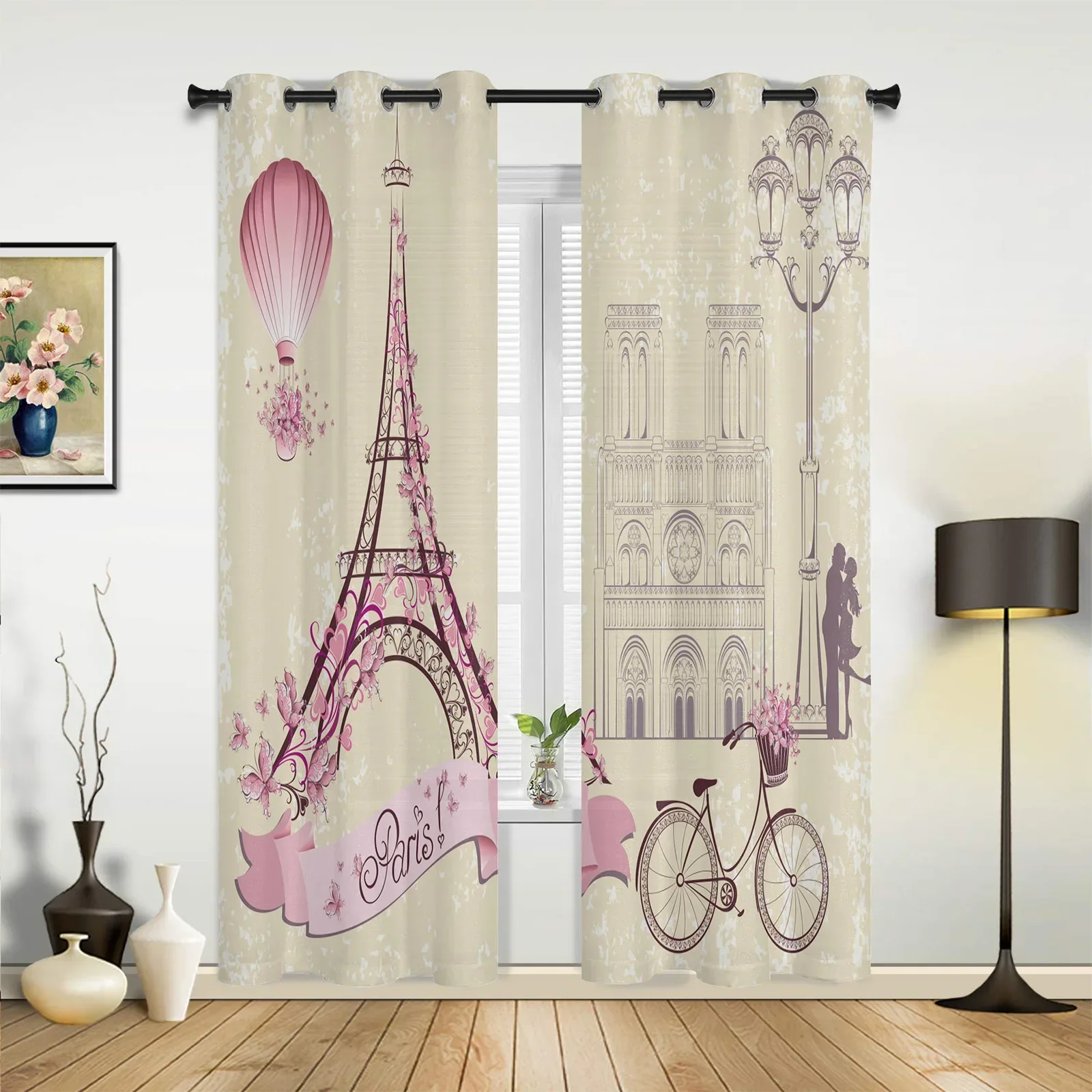 France Paris Tower Hot Air Balloon Retro Curtains for Bedroom Living Room Drapes Kitchen Children Window Curtain Home Decor