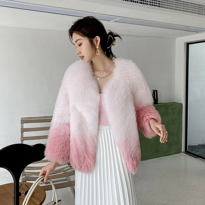 2023 Gradual Color Fox Fur Coat Women's Winter New Korean Sweet Short Round Neck Loose Full Pelt High Quality Real Fur Jackets