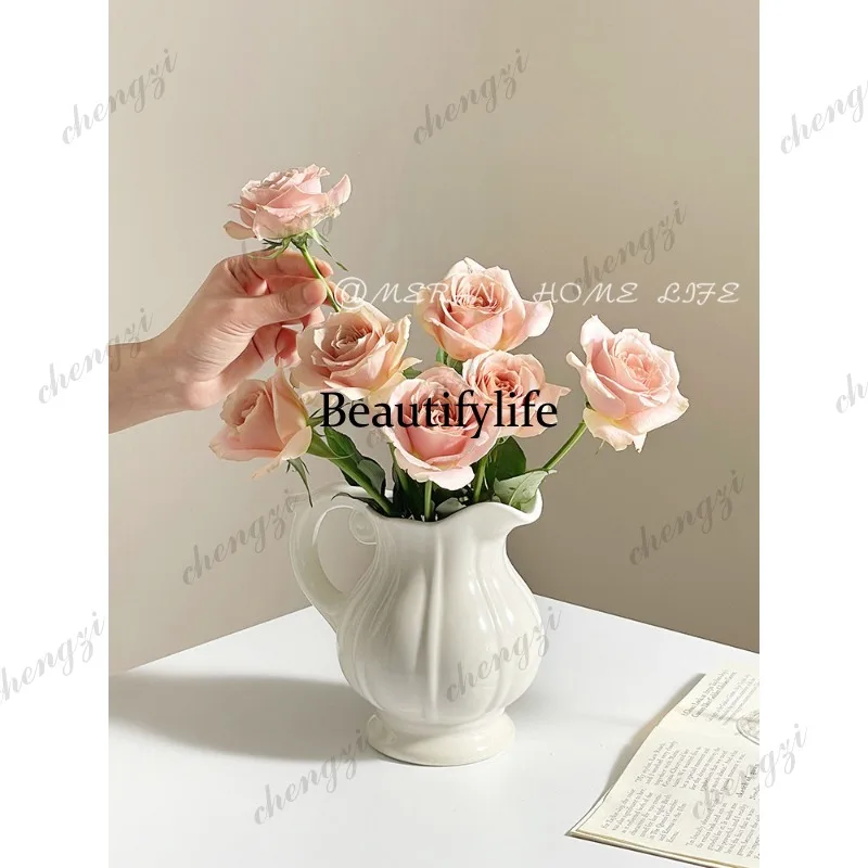 French Cream Air Milk Pot Ceramic Vase Ornament Living Room Flower Arrangement, Flower Premium, Vase