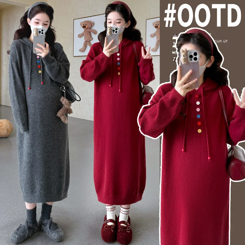 Maternity Dress Spring Autumn 2026 Minimalist Cute Colorful Buttons Long Sleeve Hooded Knitted Maxi Dress For Pregnant Women