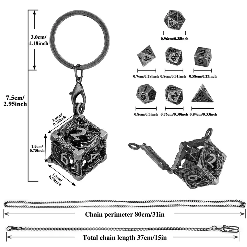 خمر الجوف D6 حالة مع 7 قطعة/المجموعة البسيطة المعادن متعدد السطوح النرد حلقة رئيسية قلادة سلسلة بدلاية لعب الأدوار منضدية الألعاب #5