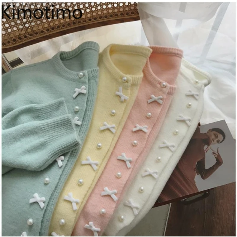 Kimotimo Solid Bow Pearl Button Knit Cardigan Women Japanese Sweet Casual All Match Sweater Autumn Winter Simple All Match Tops