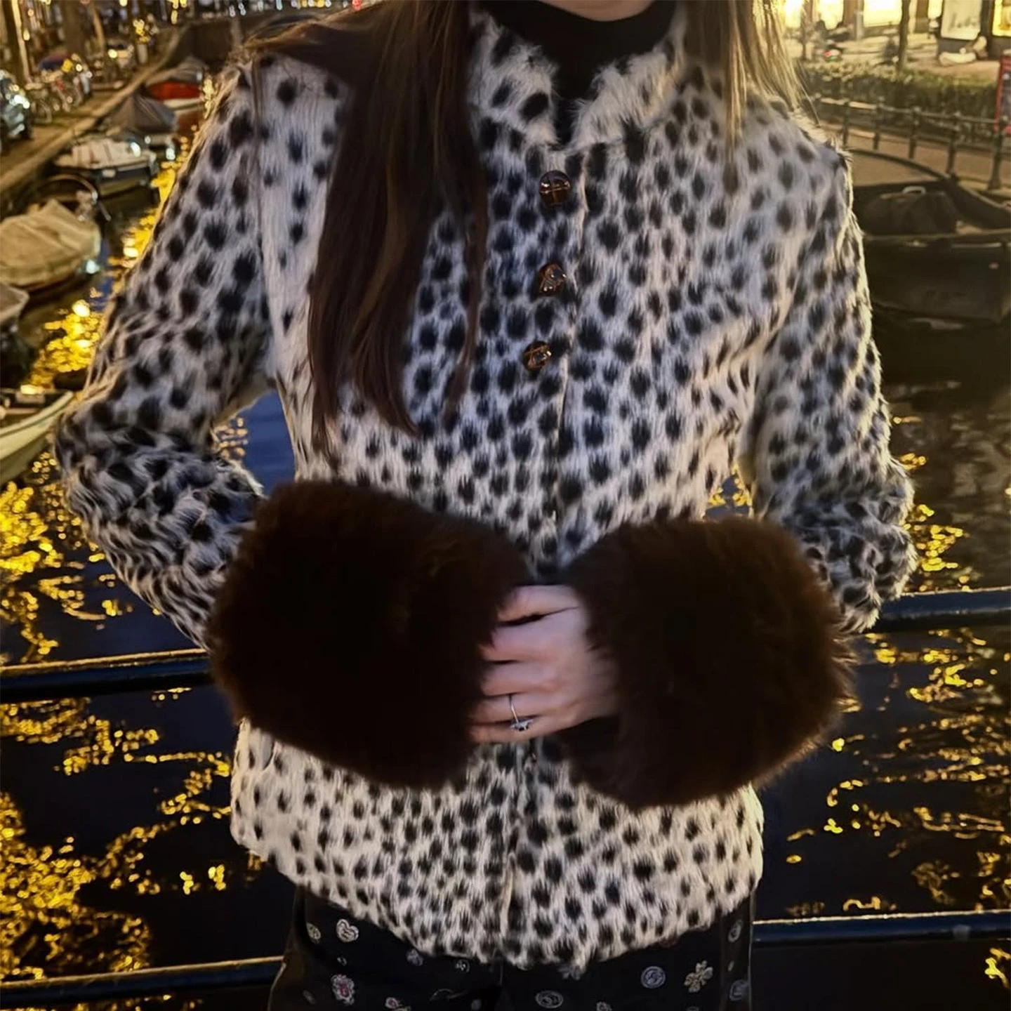 Women Faux Fur Coats Leopard Print Fur Jackets Cotton Linen Stand Collar Long Sleeves Single Breasted Slim Casual 2026 Winter