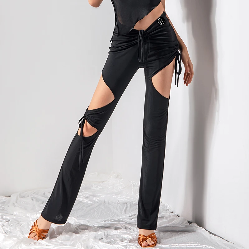 Latin Dance Pants Female Adult Drawstring Hollow Practice Clothes Slim Pants Rumba Tango Latin Dance Performance Pants DQS10484