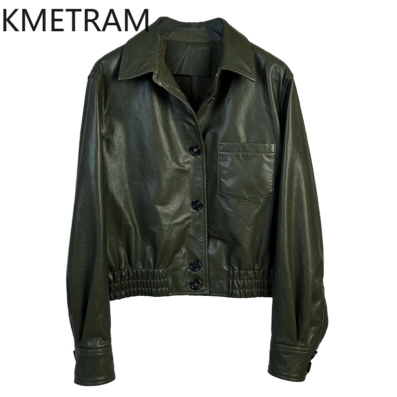 100% jaqueta de pele de carneiro natural mulher verde escuro curto jaquetas de couro genuíno feminino novo em outerwears outono roupas 2025 chaquetas