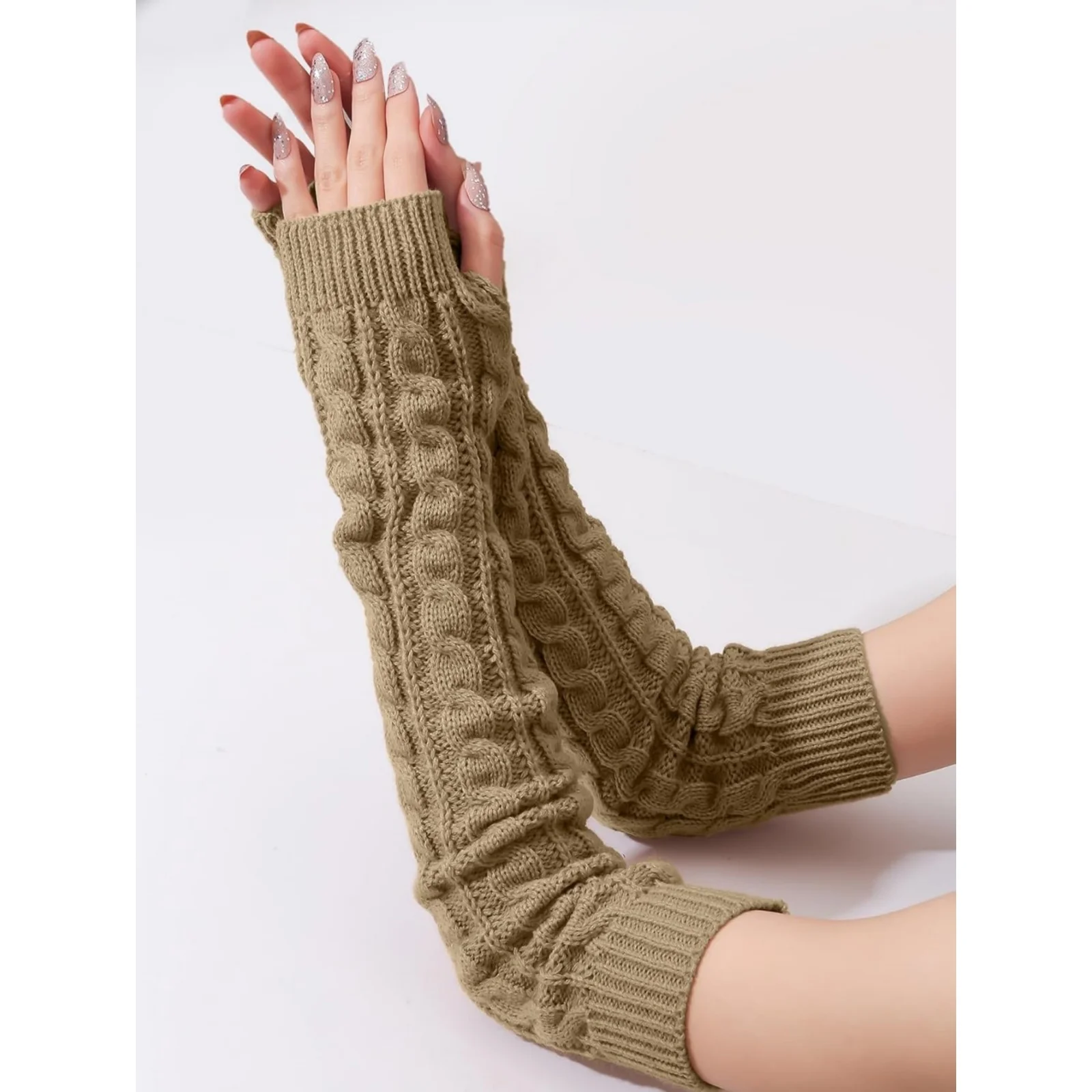 2PCS Women's Knitted Arm Warmers Gloves: Cable - Knit Design, Fingerless, Warm & Stylish For Autumn, Winter, Daily Wear, Office