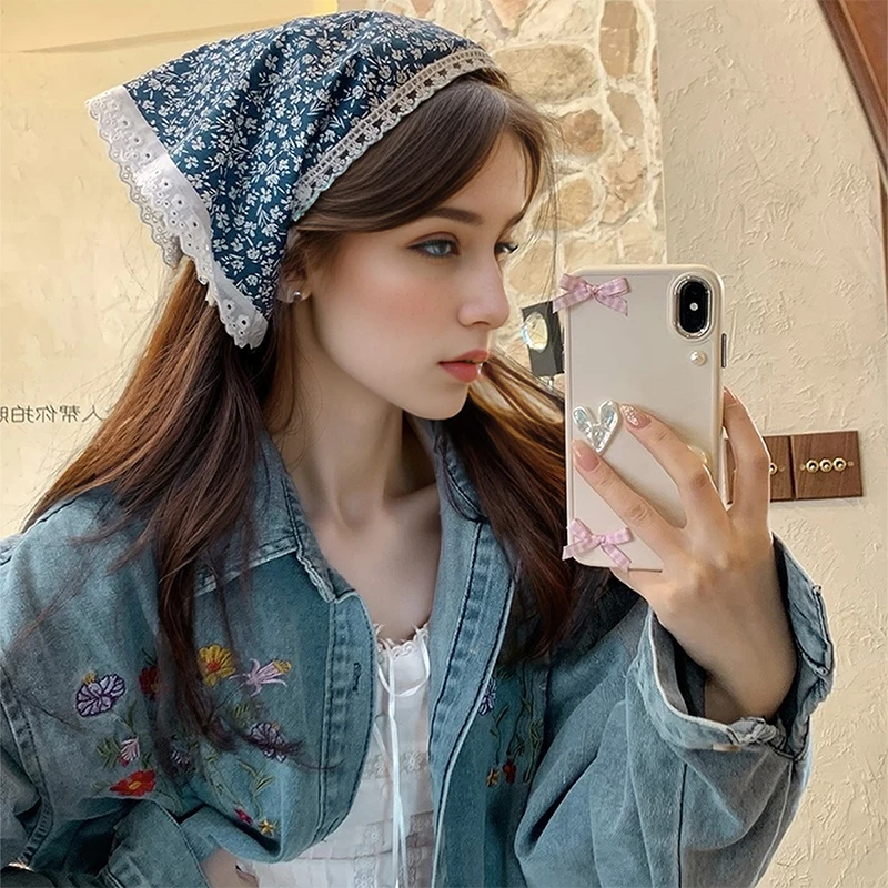 Pastoral Stylel Korean Ins Lace Hair Scarf Women Retro Triangle Hair Band Strap Hair Bag Headscarf Hat Travel Turban Accessorie