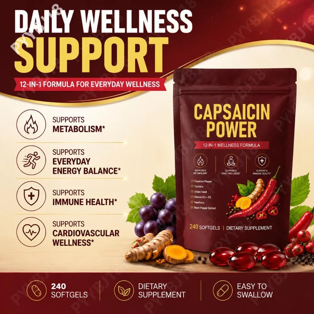 Capsaicin Power Softgels with Cayenne Pepper Turmeric CoQ10 12-in-1 Wellness Fomula for Immune Cardiovascular Supports 240 Count