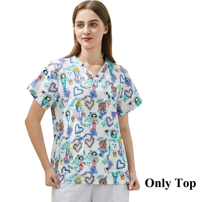 

High Quality Printed Nurse Scrub Tops Short Sleeve Tee Scrubs Uniform for Women Dentisit V-Neck Clothing Workwear Nursing Coat