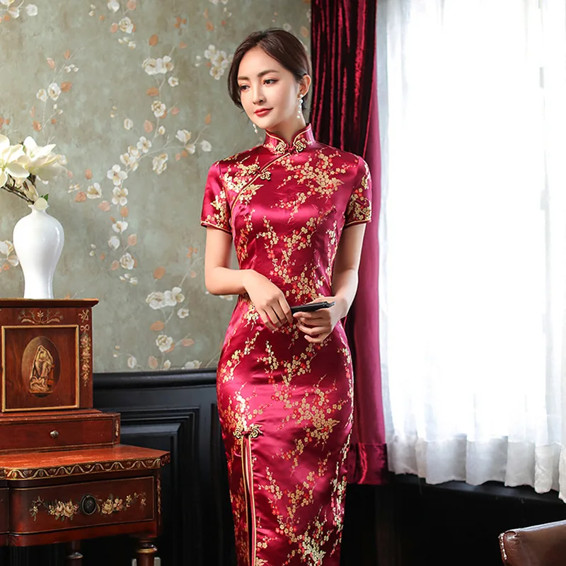 Plus Size 4XL Slim Chinese Traditional Cheongsam Short Sleeve Front Split Vintage Dress Women Long Dress Plum Qipao