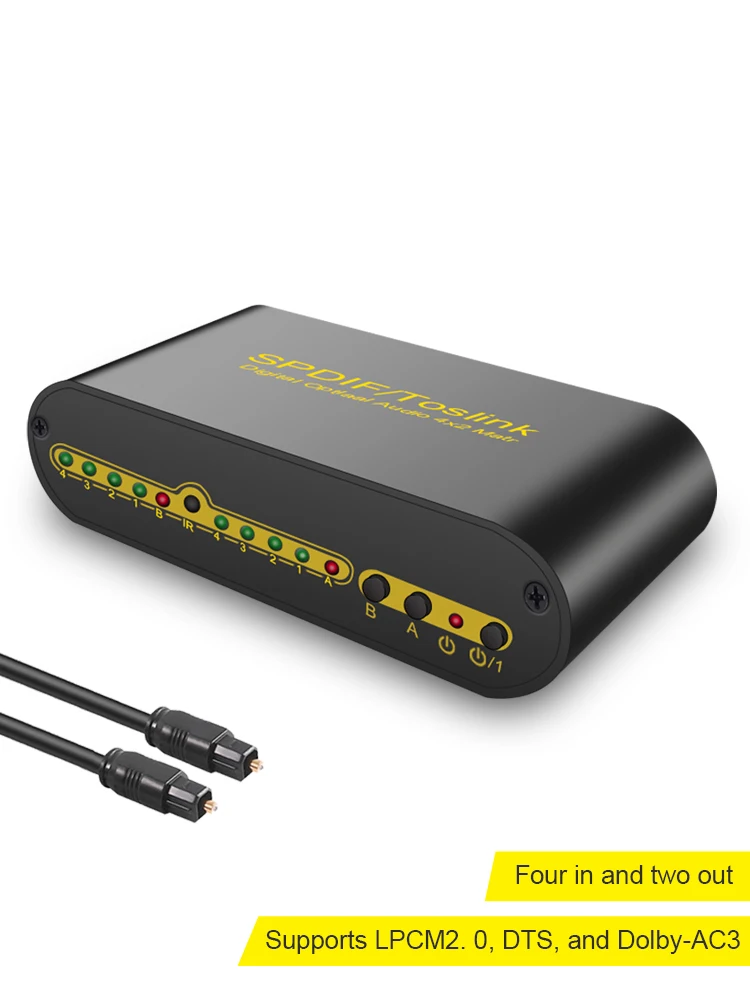 Przełącznik audio cyfrowego optycznego SPDIF Toslink True Matrix 4x2, 4 wejścia 2 wyjścia, z kablem optycznym i pilotem, do PS4, HDTV, PC — zdjęcie produktu 7