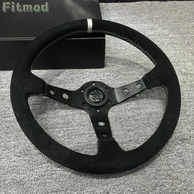 JDM Black Edition 14-inch 350mm Suede Deep Dish Car Steering Wheel Drift Racing Black Edition MO Silver Stripe PCD 70MM