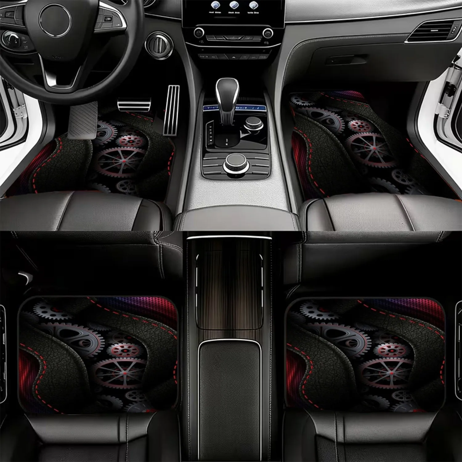4pcs Mechanical Gear Design Car Floor Mats | Metallic Gray With Red Accents, Polyester Material, Dynamic Industrial Aesthetic, R