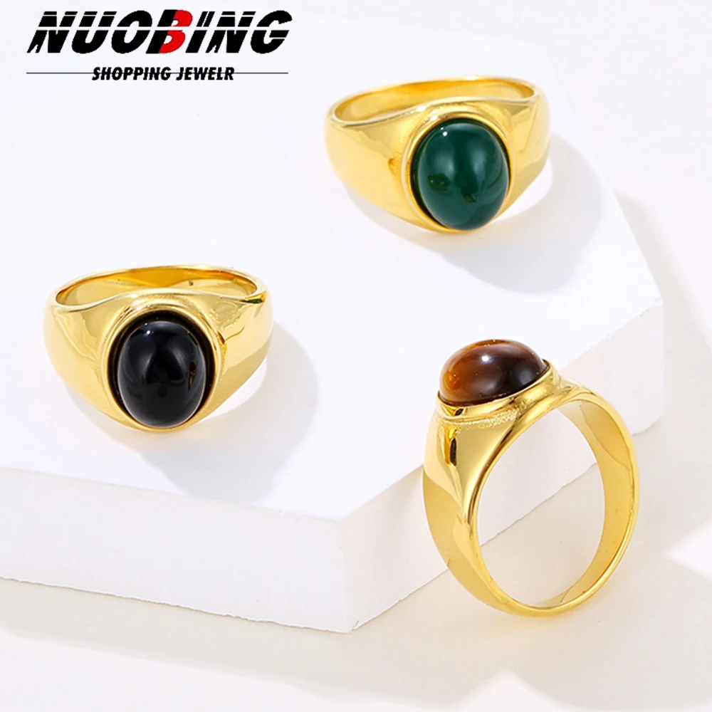 Natural Stone 316L Stainless Steel Wide Oval  Black Green Tiger Eye Ring Trendy Fashion Men Women Jewelry Accessories