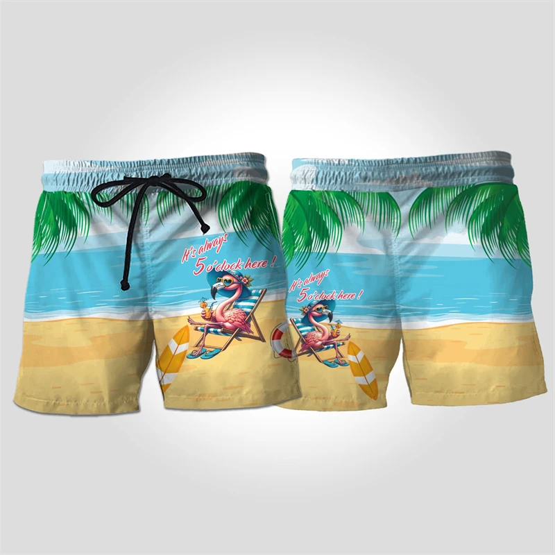 Hawaiian Flamingo Graphic Short Pants For Men Casual Vacation Beach Shorts Surfing Kids Trunks Funny Animal Bpy Aloha Trousers