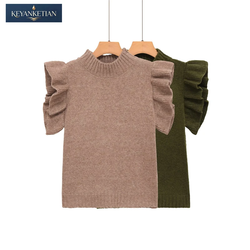 KEYANKETIAN 2026 New Women's Ruffle Sleeve Knit Top Elegant Mock Neck Sleeveless Sweater Vest with Layered Ruffle Shoulders