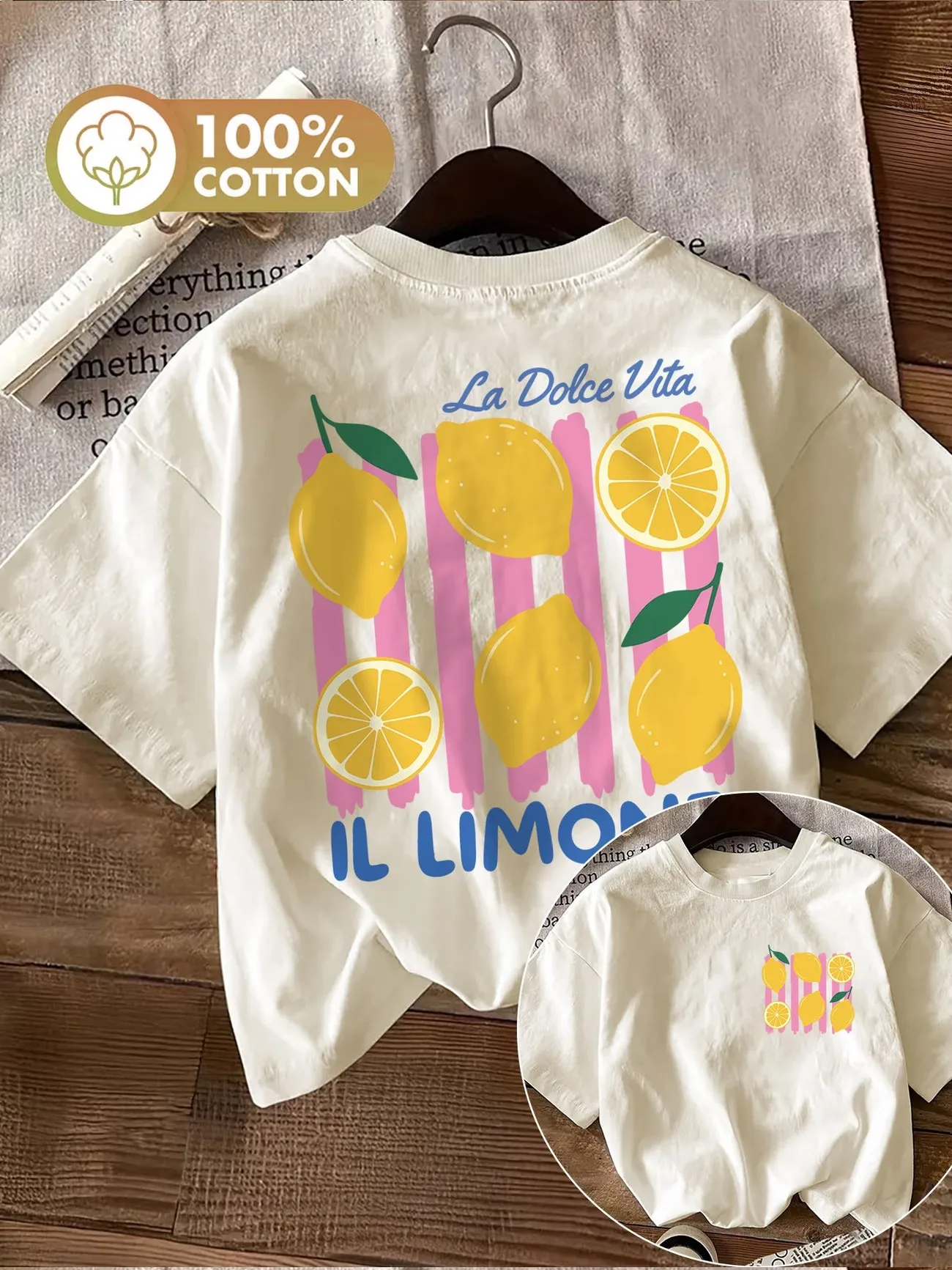 Übergroßes Retro-Zitronen La Dolce Vita 100% Baumwolle Damen-Print-T-Shirt Weiches Rundhals-Kurzarm-Oberteil Vintage-Shirt mit Zitronendesign