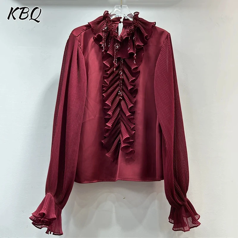 KBQ Solid Patchwork Ruffles Blouses For Womeen O Neck Long Sleeve Spliced Diamonds High Street Style Shirts Female Fashion New