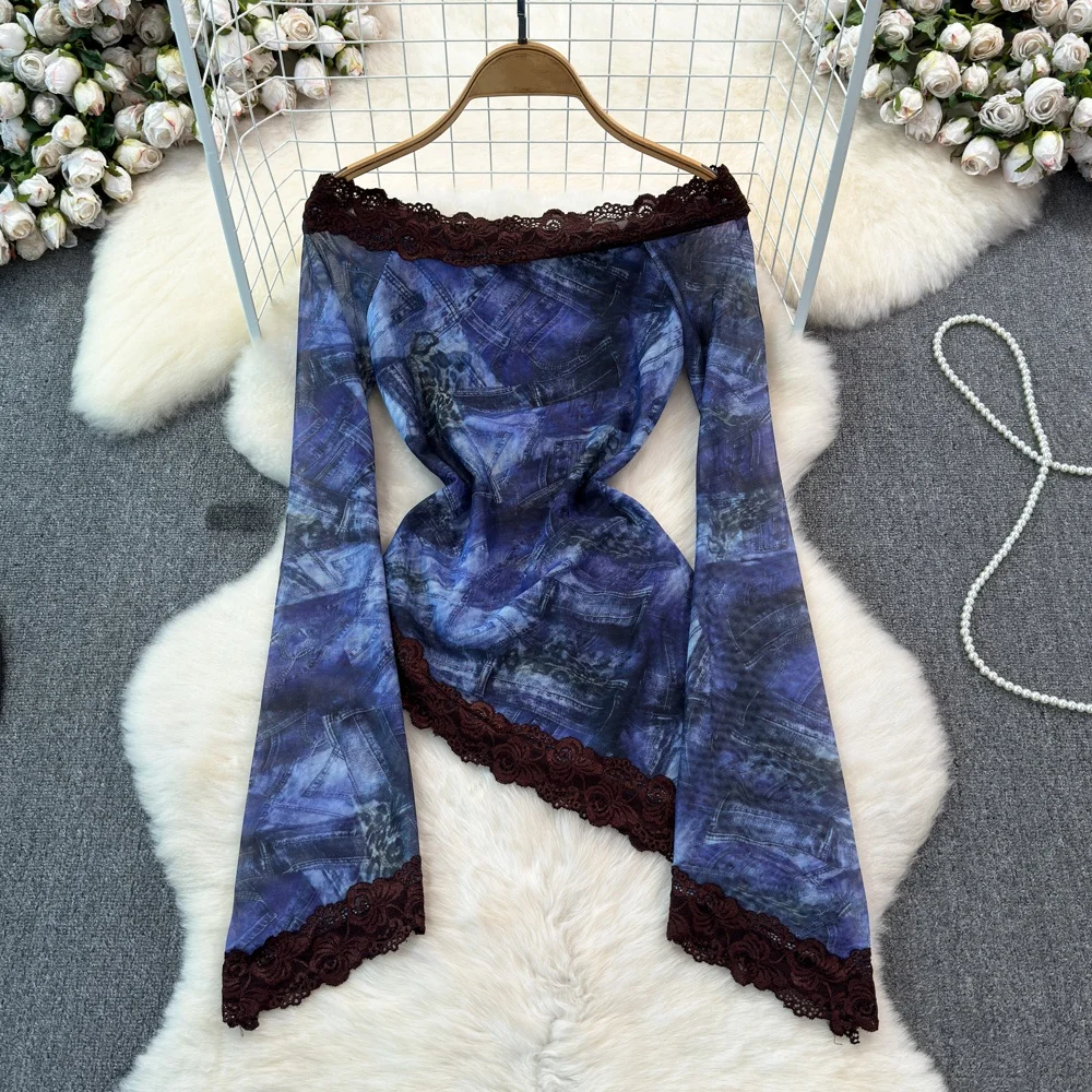 

Clothland женская сексуальная кружевная блузка с открытыми плечами с длинным рукавом рубашка с разрезом на шее женские шикарные модные топы Mujer LB329