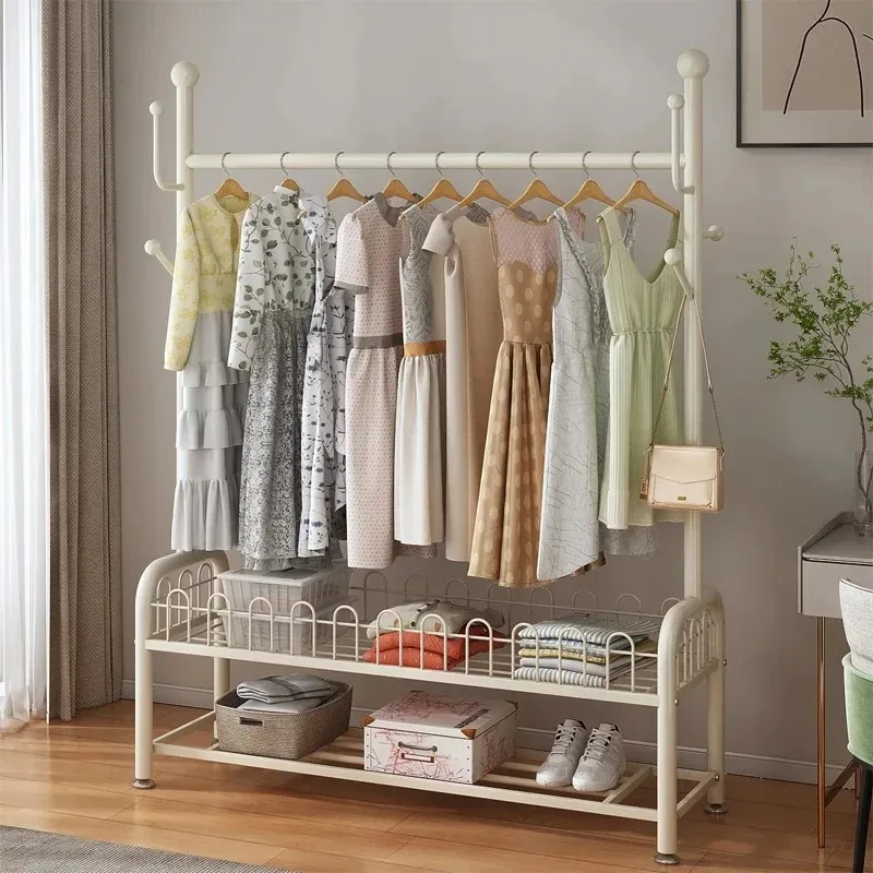 F Drying rack Floor-to-ceiling Internet celebrity cream white cloakroom shelf in bedroom Home removable storage hanger
