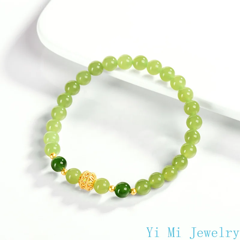 100% 天然古材ホータン翡翠ジャスパーラウンドビーズライトグリーンブレスレット翡翠女性アンティークハンドストリングファッションチャームジュエリー