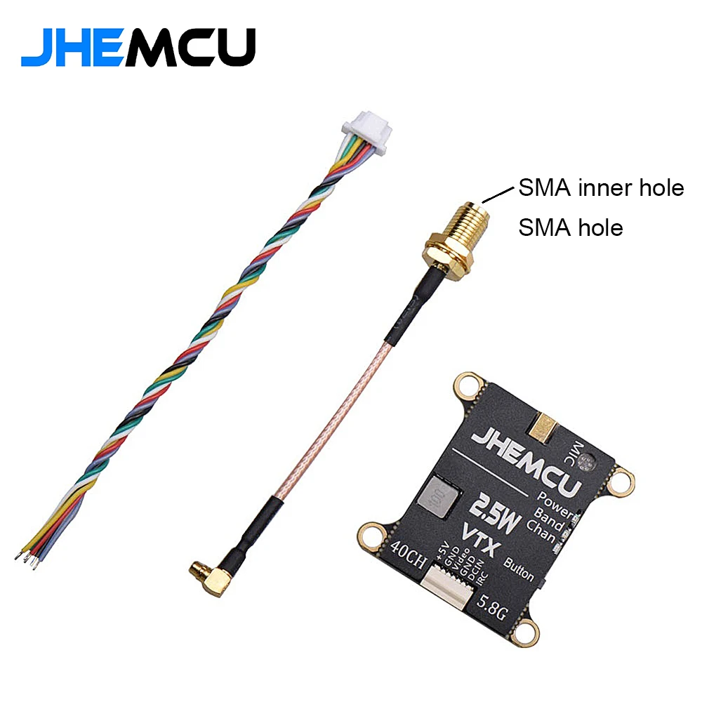 

JHEMCU 2.5W VTX 5.8G 40CH Adjustable FPV Transmitter Built-in Microphone Heat Sink 2-6S 30X30mm for RC Airplane FPV Long Range