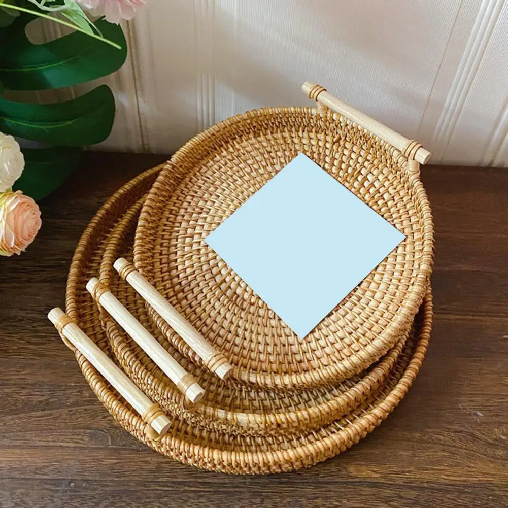 

Wicker Snack Tray Handwoven Rattan Storage Tray Round Wicker Basket Bread Food Plate Fruit Cake Platter Dinner Serving Trays